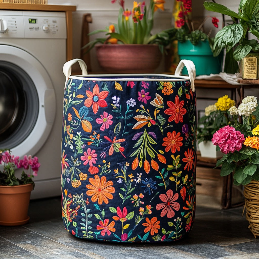 Boho-tyylinen kukkakuvioinen pyykkikori