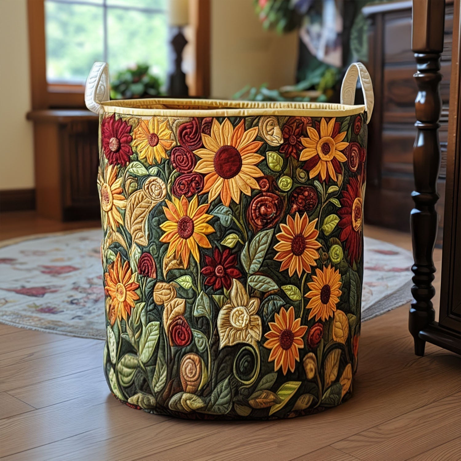 Kukkiva syyspelto -kuvioitu pyykkikori