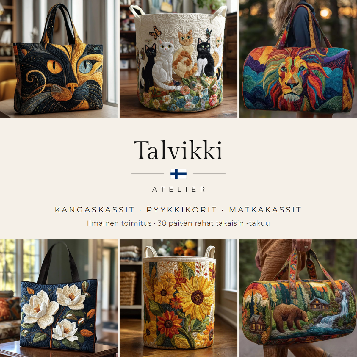 Talvikki Atelier – kangaskassit, pyykkikorit ja matkakassit